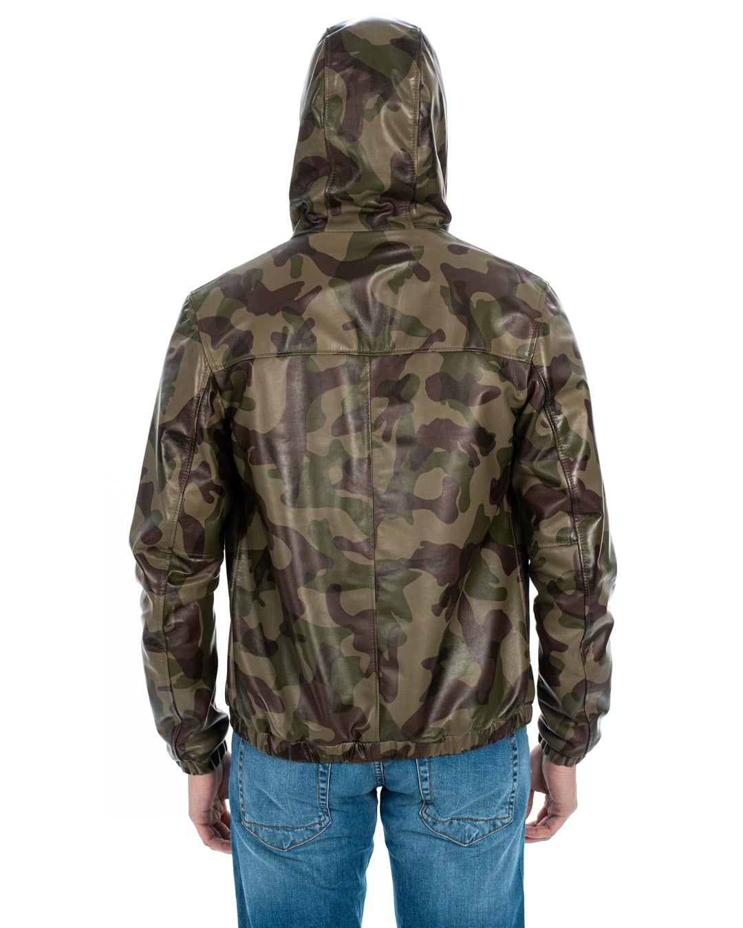 ERIC Giubbotto Bomber stile K-WAY con cappuccio da uomo in vera pelle mimetico