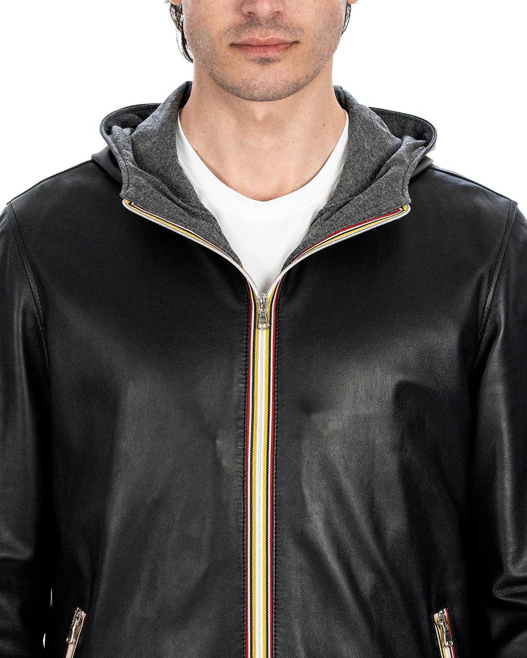 ERIC Giubbotto Bomber stile K-WAY con cappuccio da uomo in vera pelle nero
