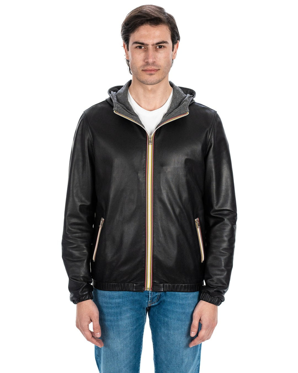 Giubbotto Bomber stile K-WAY con cappuccio da uomo in vera pelle nero