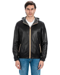 Giubbotto Bomber stile K-WAY con cappuccio da uomo in vera pelle nero