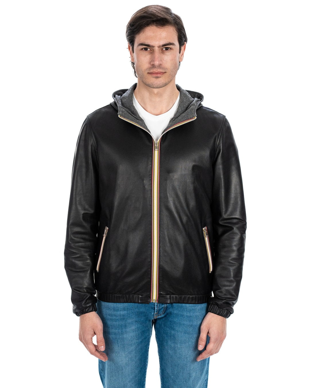 Giubbotto Bomber stile K-WAY con cappuccio da uomo in vera pelle nero