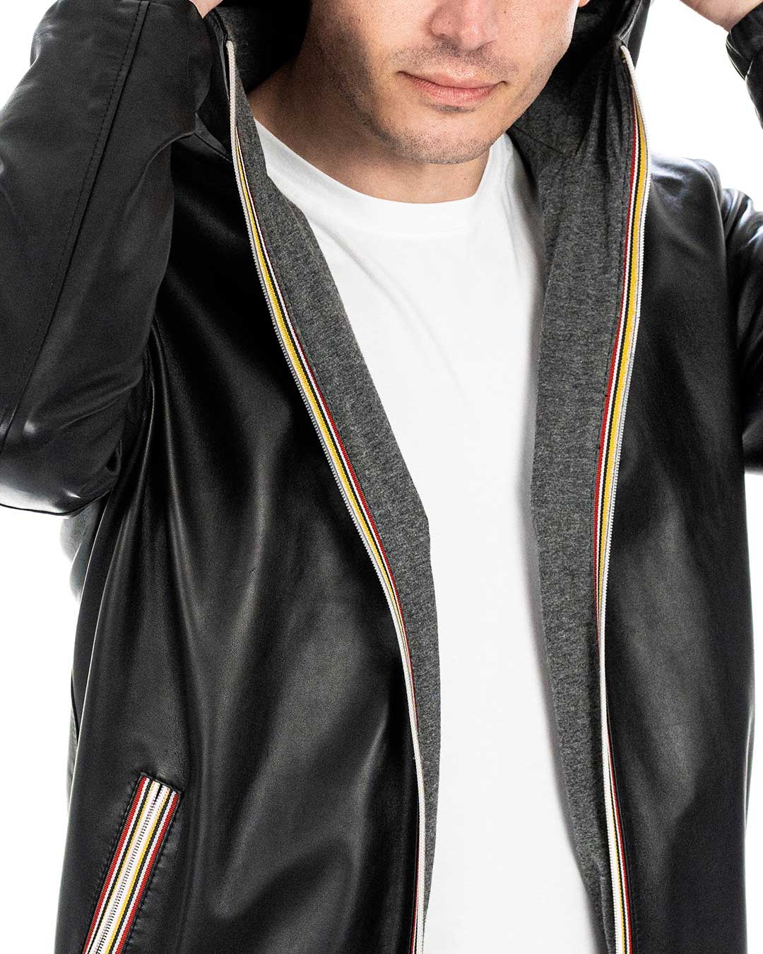ERIC Giubbotto Bomber stile K-WAY con cappuccio da uomo in vera pelle nero