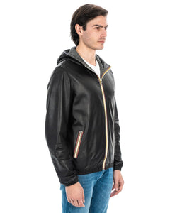 ERIC Giubbotto Bomber stile K-WAY con cappuccio da uomo in vera pelle nero
