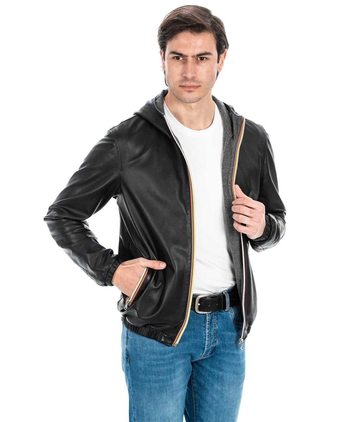 ERIC Giubbotto Bomber stile K-WAY con cappuccio da uomo in vera pelle nero