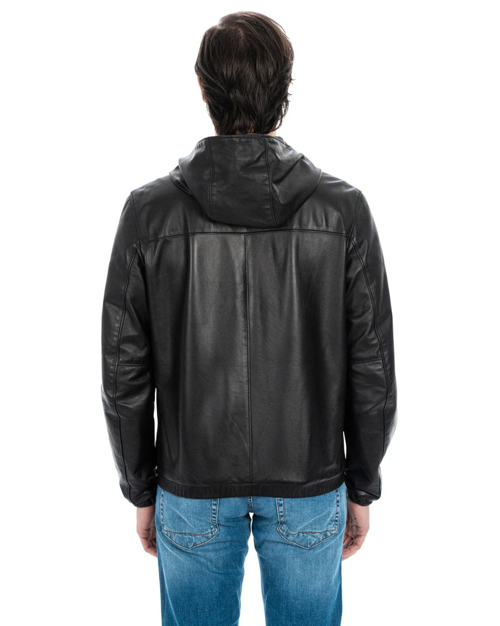 ERIC Giubbotto Bomber stile K-WAY con cappuccio da uomo in vera pelle nero