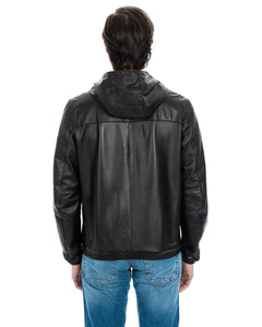 ERIC Giubbotto Bomber stile K-WAY con cappuccio da uomo in vera pelle nero