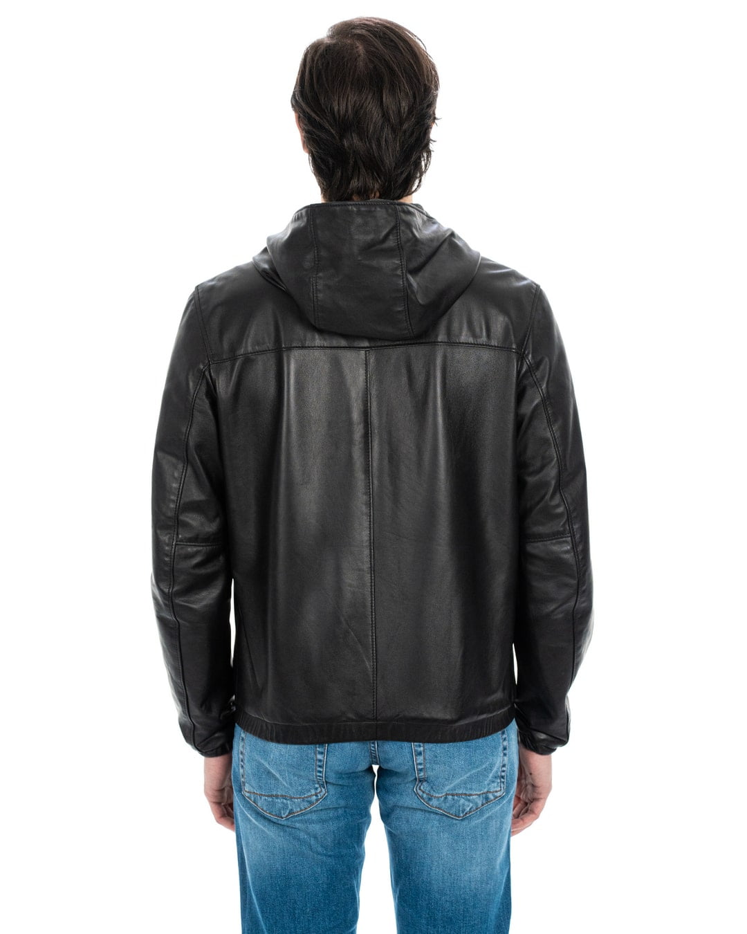 ERIC Giubbotto Bomber stile K-WAY con cappuccio da uomo in vera pelle nero