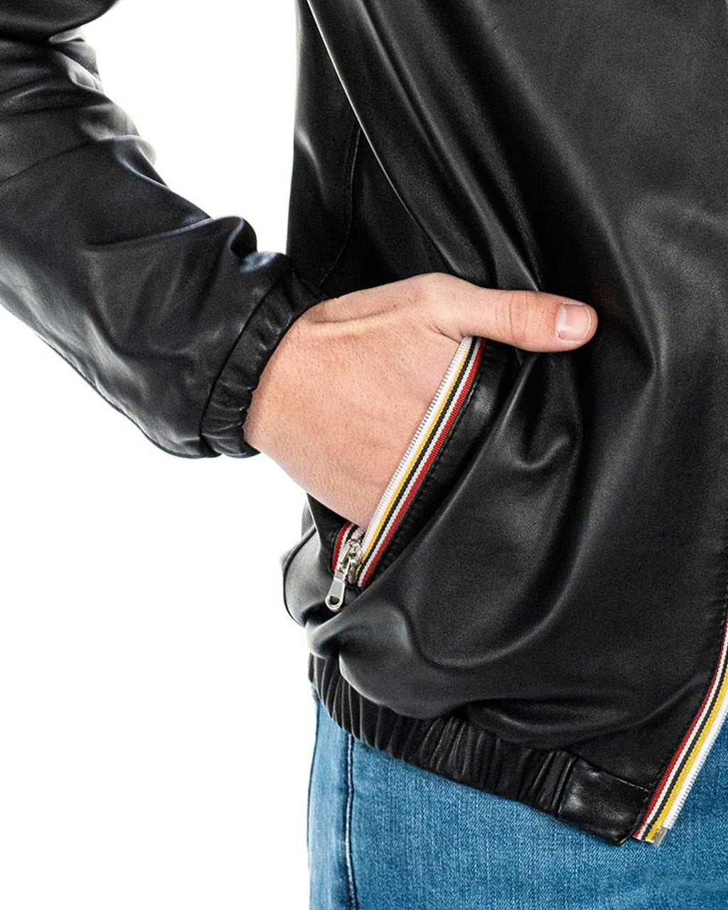 ERIC Giubbotto Bomber stile K-WAY con cappuccio da uomo in vera pelle nero