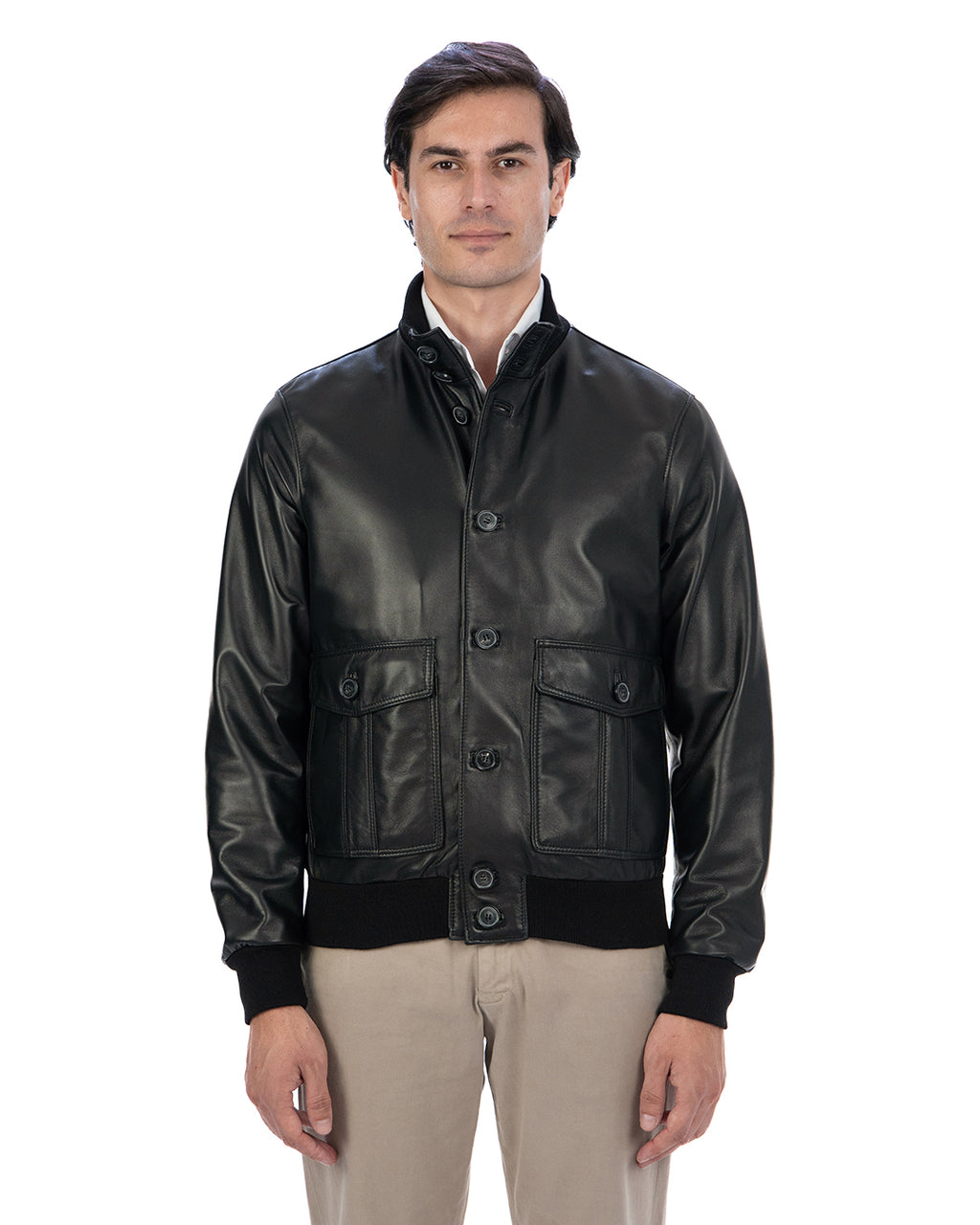 OLIVER Bomber con bottoni da uomo in vera pelle nero