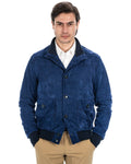Bomber con bottoni da uomo in vera pelle scamosciata blu