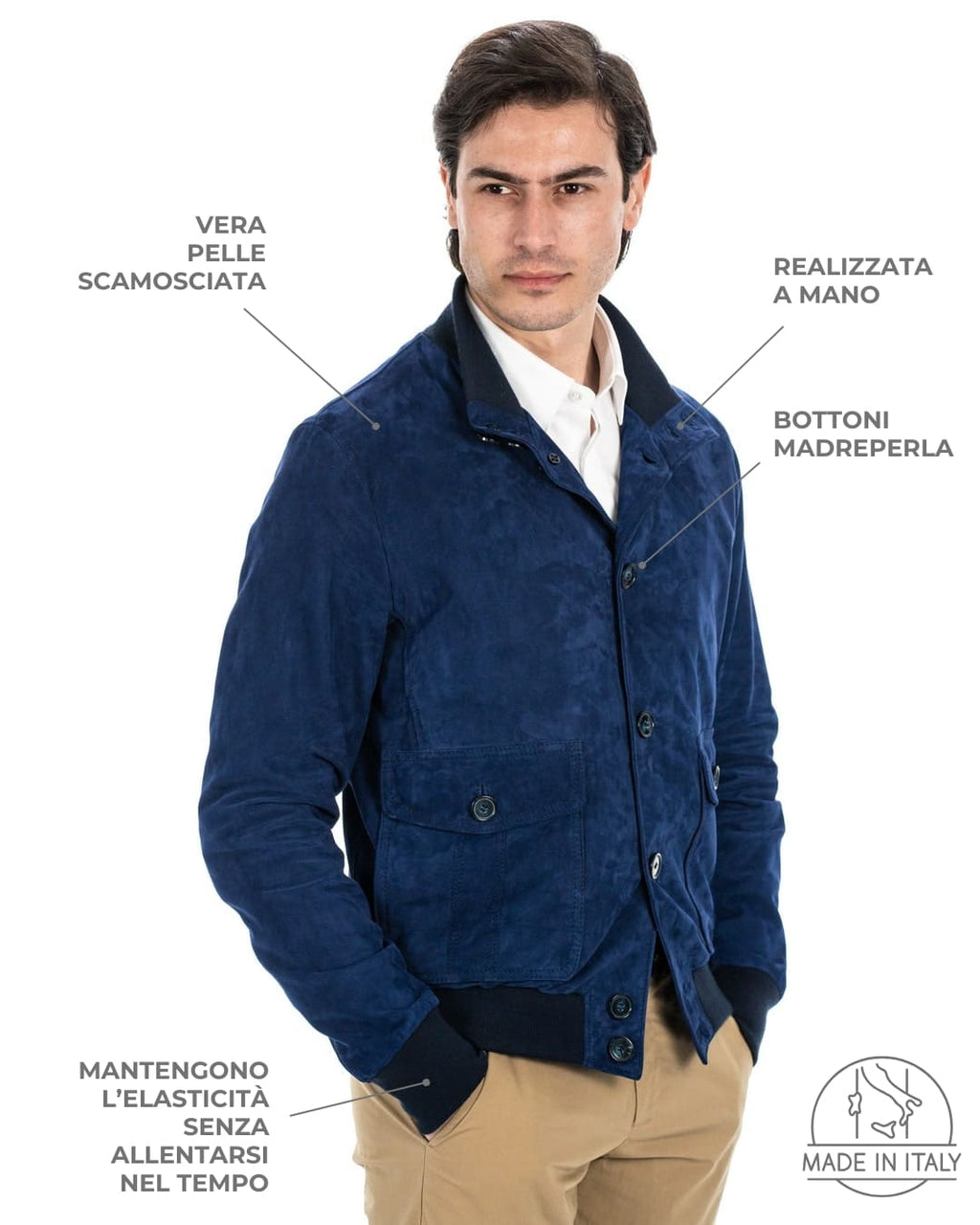 OLIVER Bomber con bottoni da uomo in vera pelle scamosciata blu