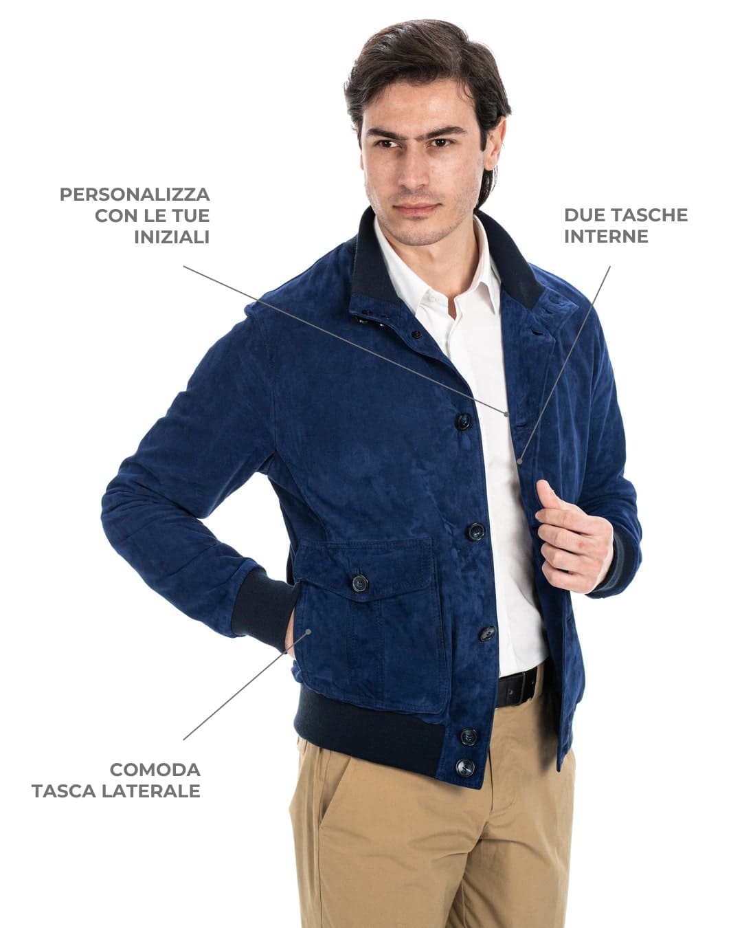 OLIVER Bomber con bottoni da uomo in vera pelle scamosciata blu