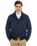 Bomber con bottoni da uomo in vera pelle scamosciata blu notte