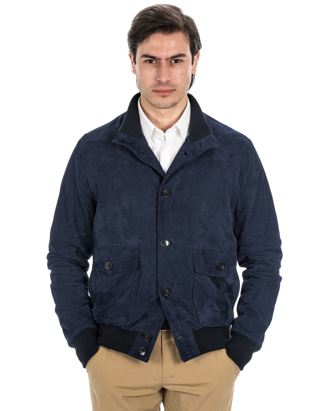 Bomber con bottoni da uomo in vera pelle scamosciata blu notte