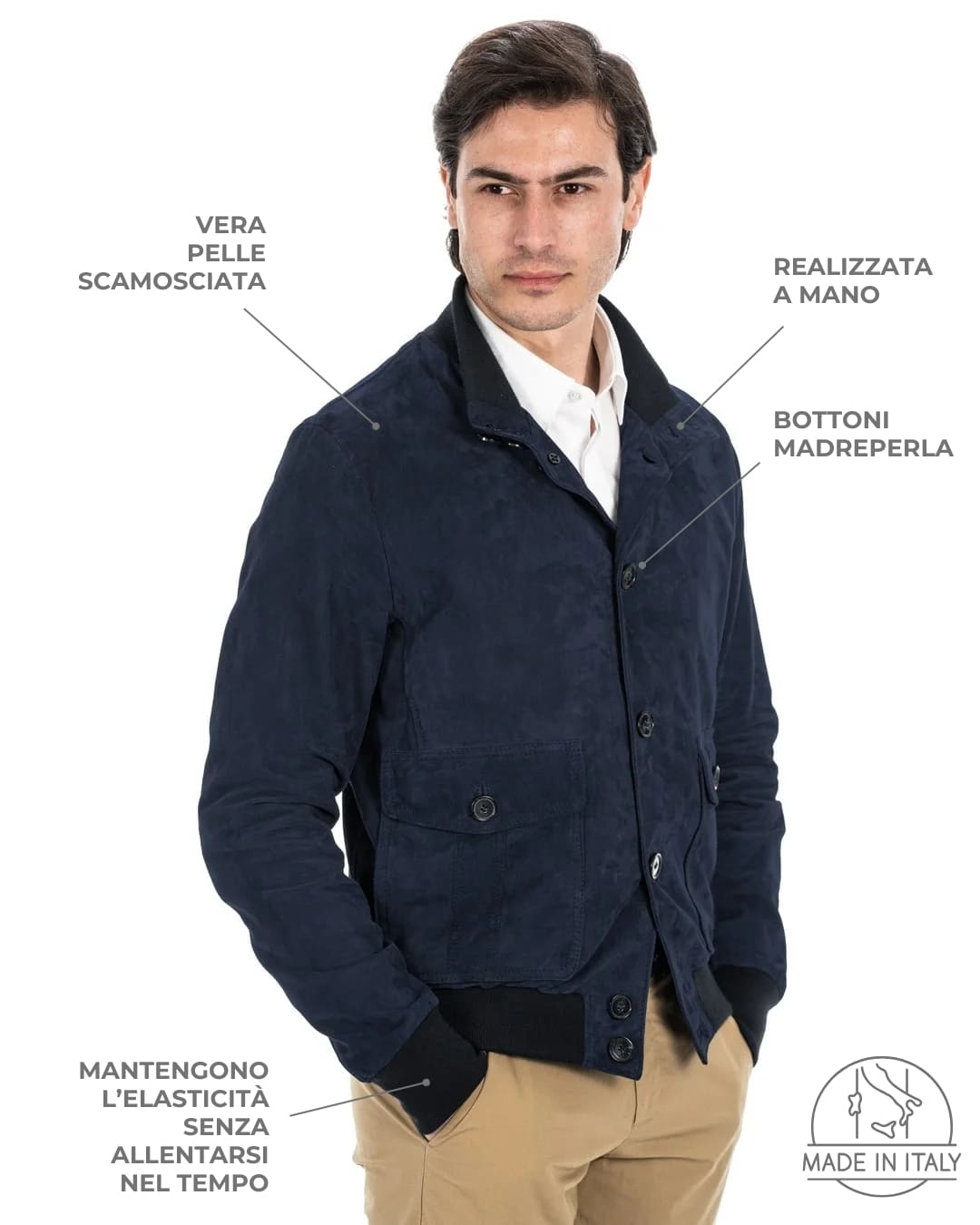 OLIVER Bomber con bottoni da uomo in vera pelle scamosciata blu notte