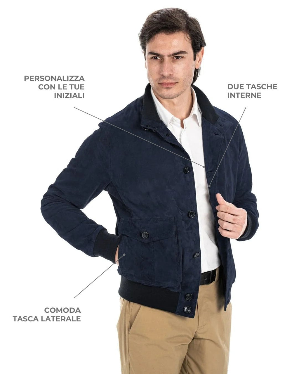 OLIVER Bomber con bottoni da uomo in vera pelle scamosciata blu notte