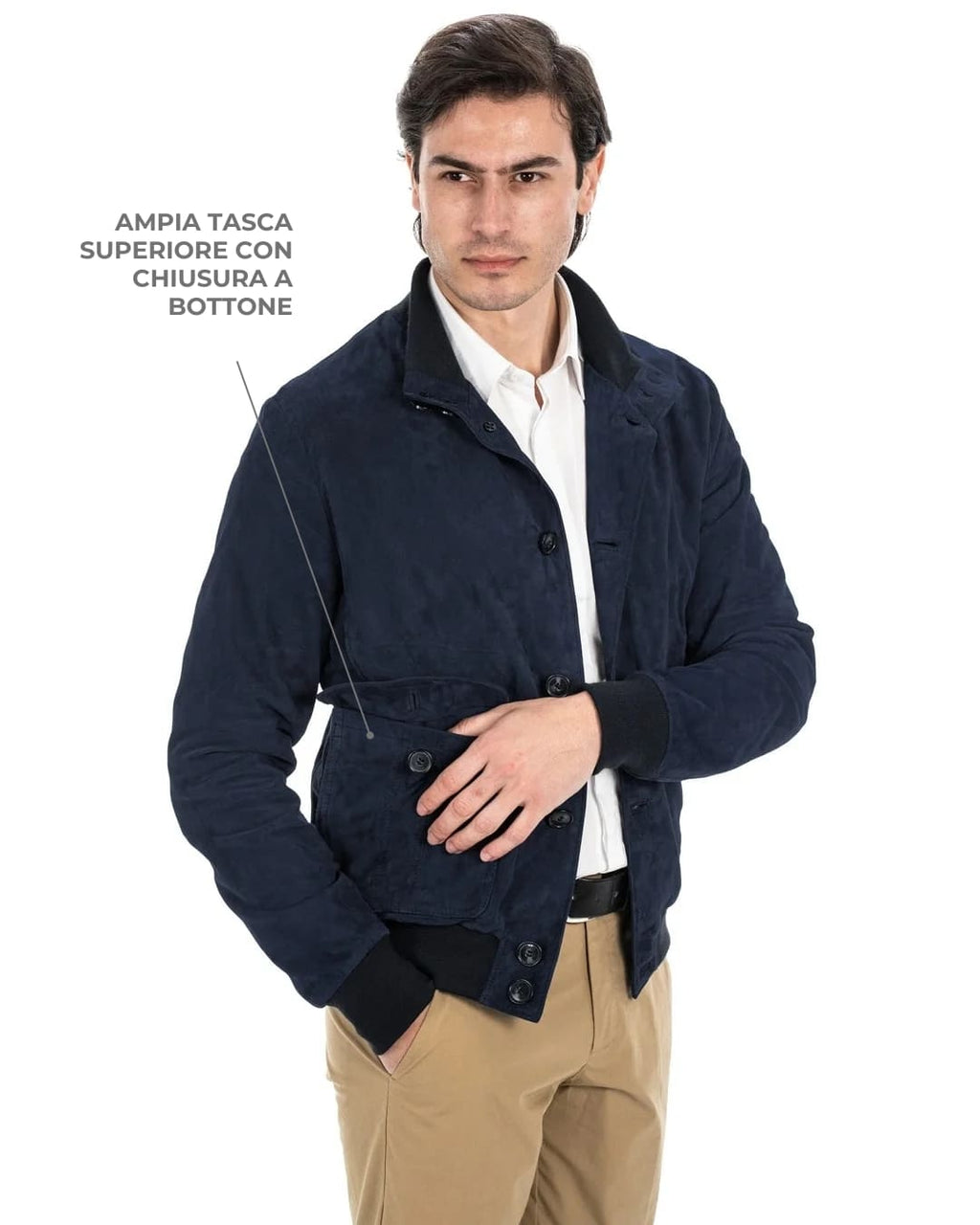 OLIVER Bomber con bottoni da uomo in vera pelle scamosciata blu notte