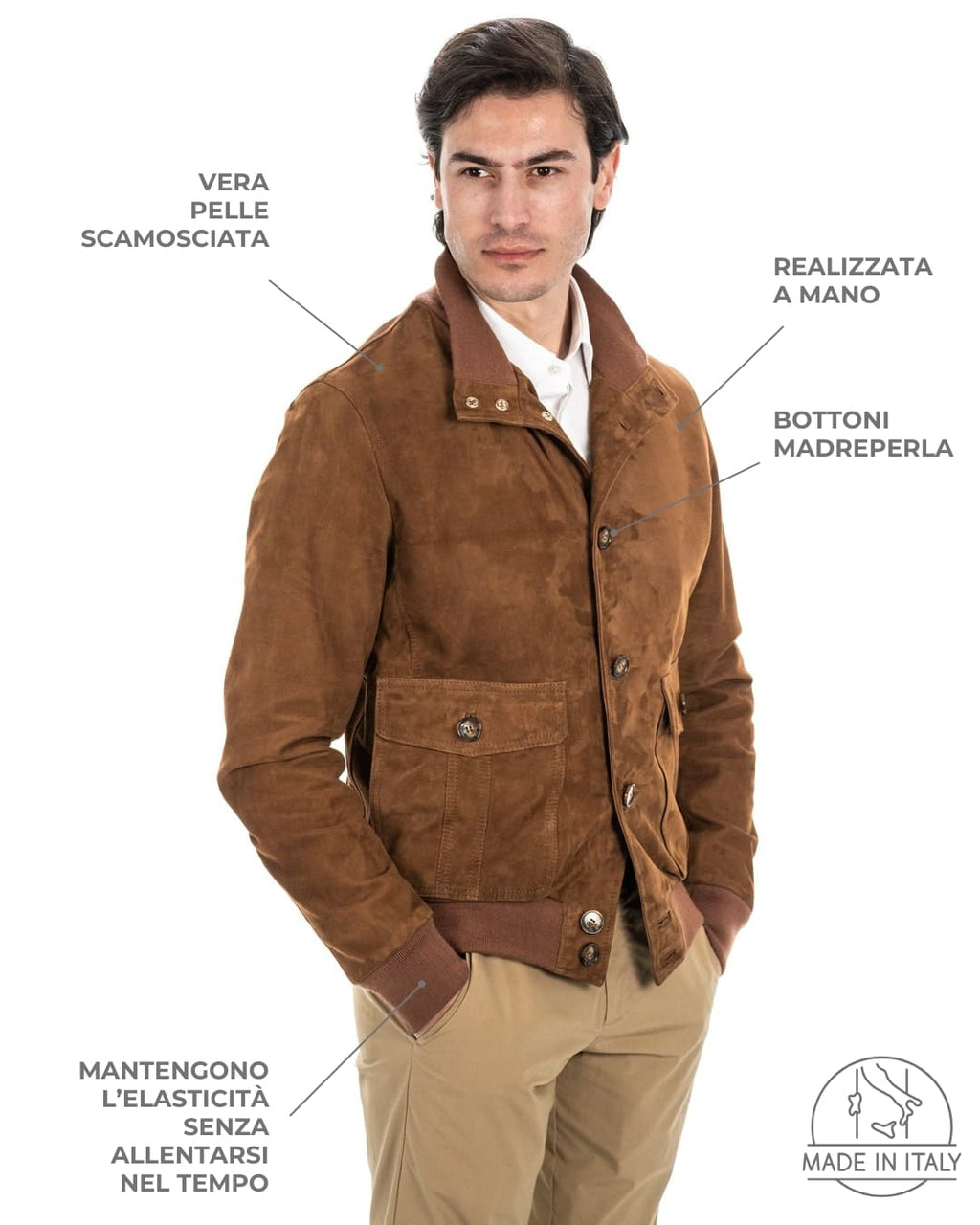OLIVER Bomber con bottoni da uomo in vera pelle scamosciata cuoio