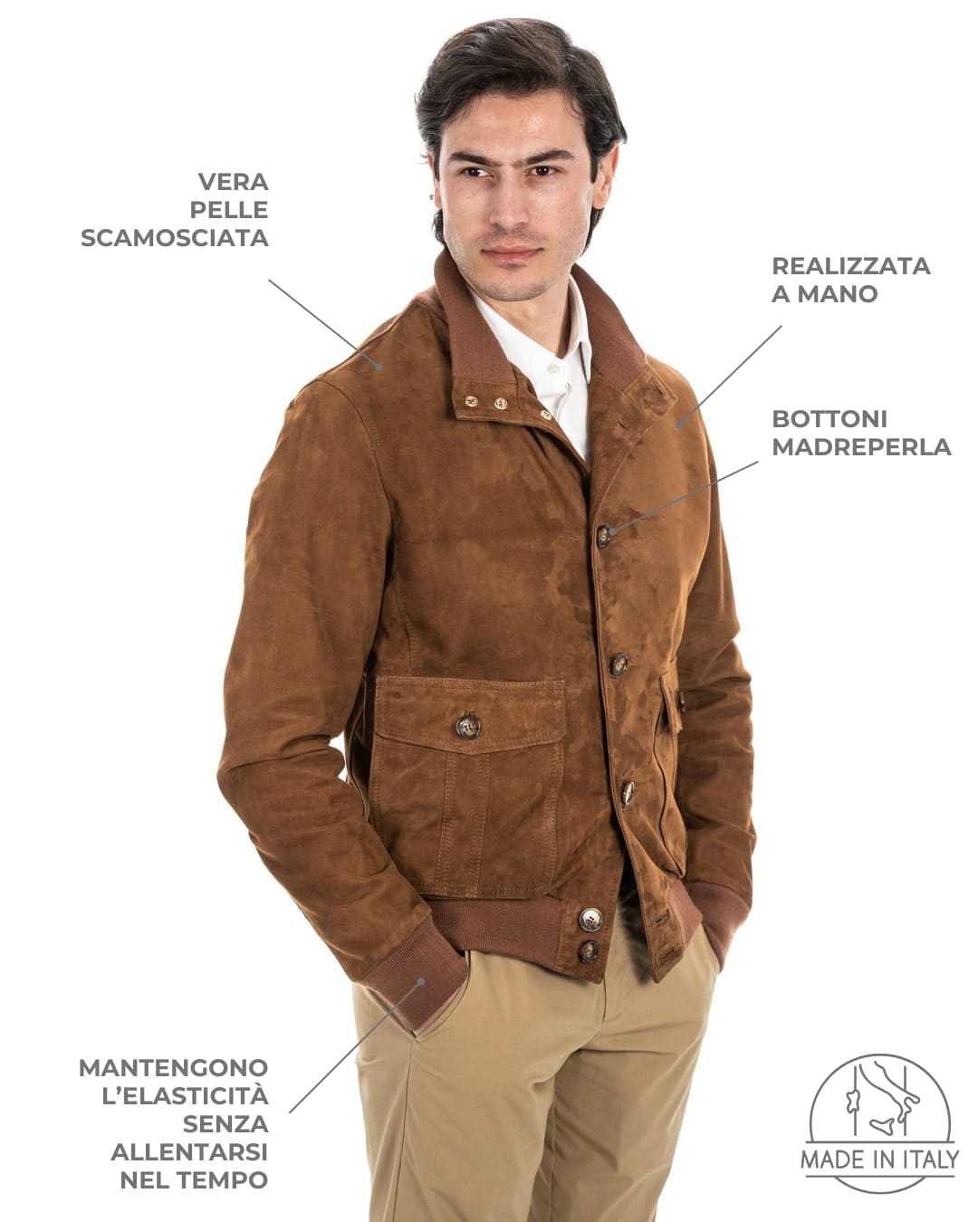 OLIVER Bomber con bottoni da uomo in vera pelle scamosciata cuoio