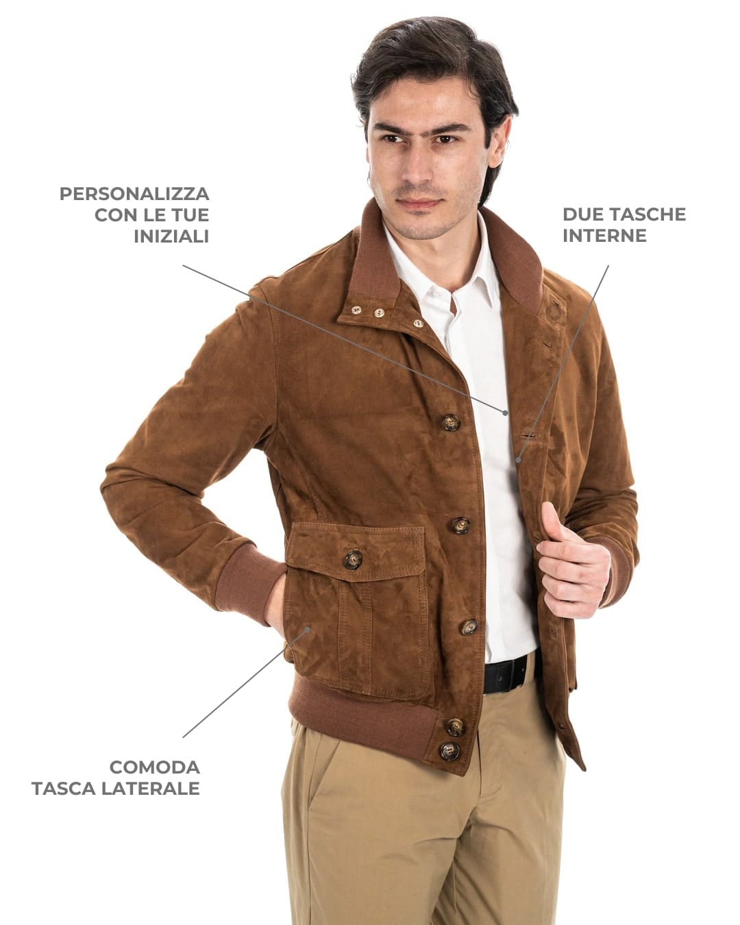 OLIVER Bomber con bottoni da uomo in vera pelle scamosciata cuoio
