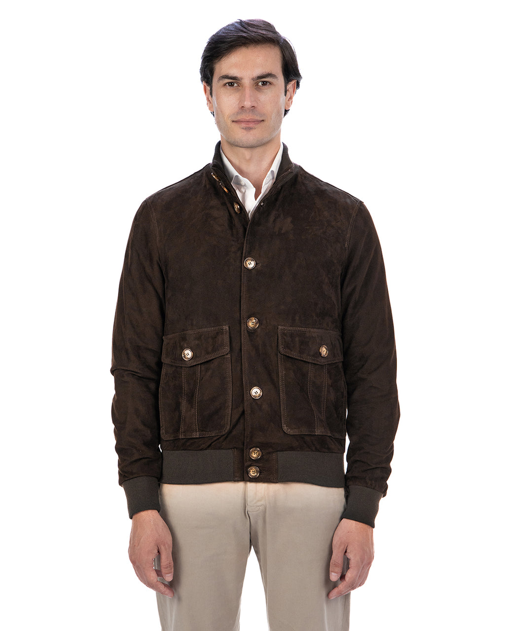 OLIVER Bomber con bottoni da uomo in vera pelle scamosciata T.Moro