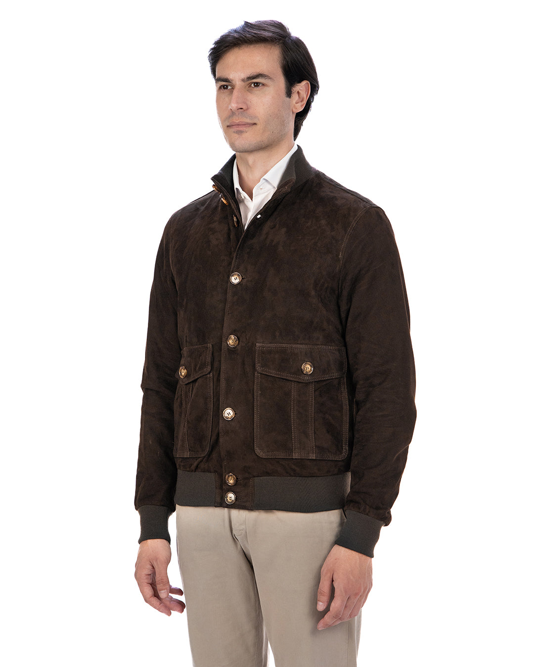 OLIVER Bomber con bottoni da uomo in vera pelle scamosciata T.Moro