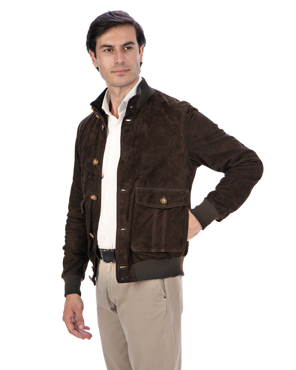 OLIVER Bomber con bottoni da uomo in vera pelle scamosciata T.Moro