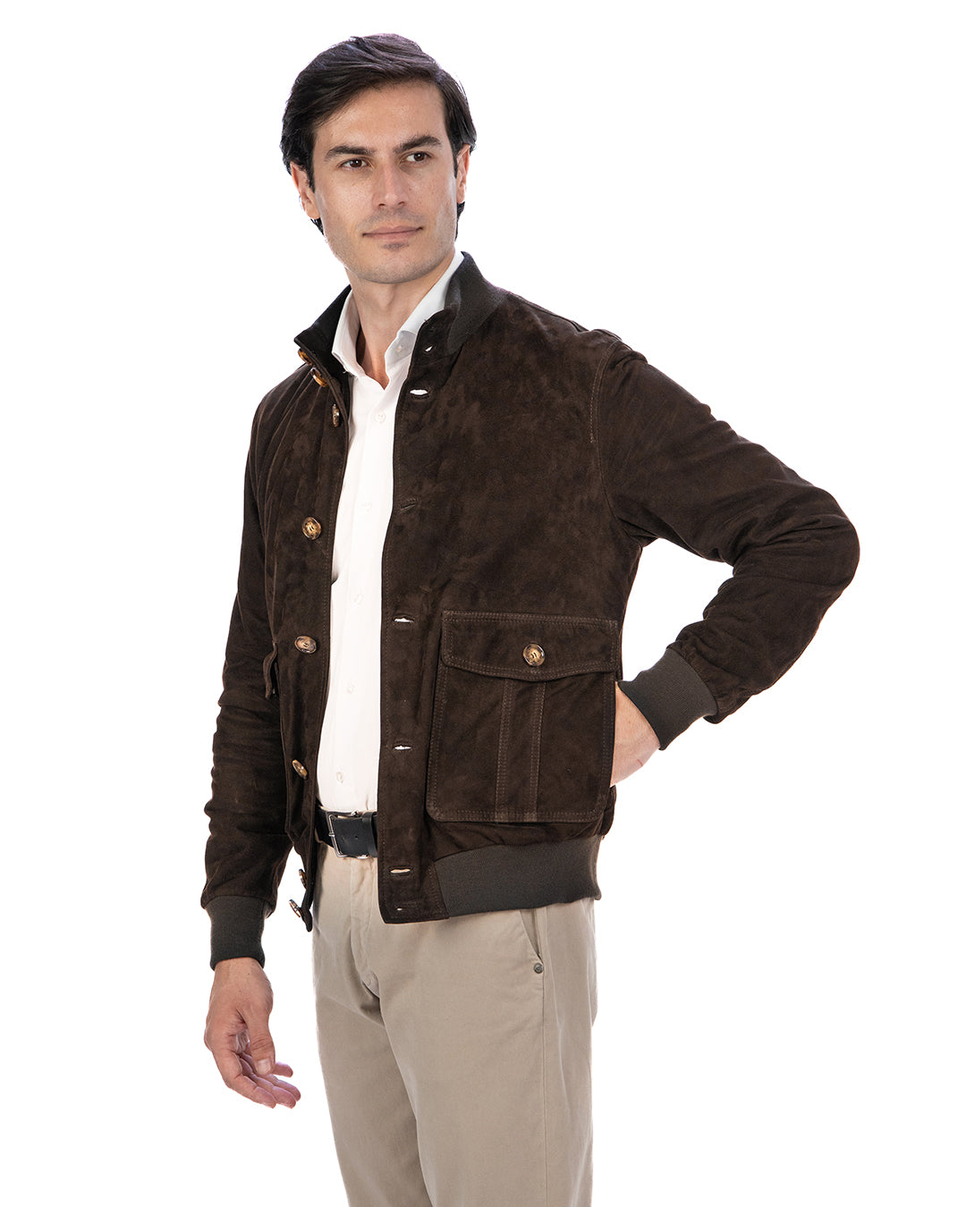 OLIVER Bomber con bottoni da uomo in vera pelle scamosciata T.Moro