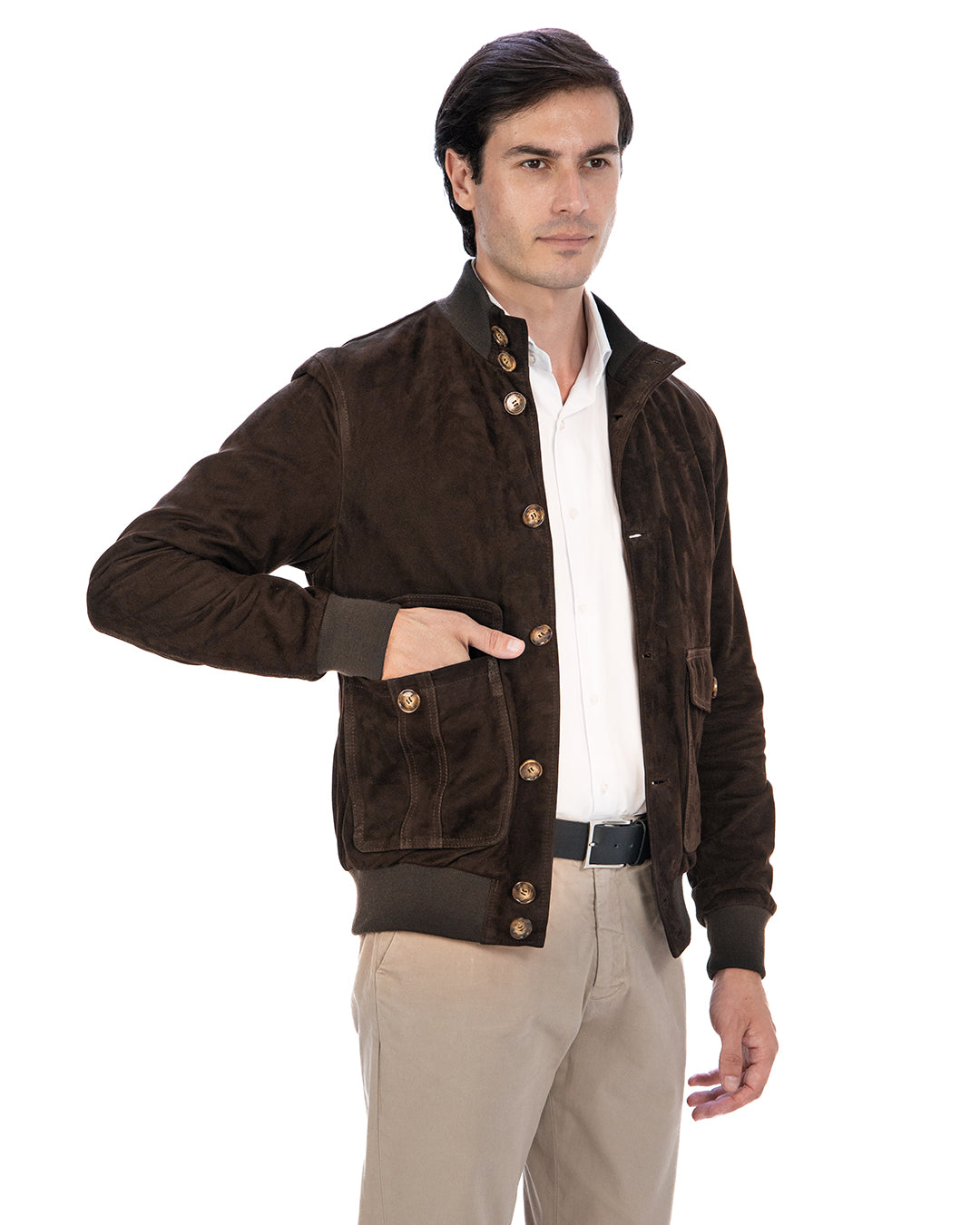 OLIVER Bomber con bottoni da uomo in vera pelle scamosciata T.Moro