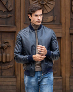 STEVE Bomber College da uomo in vera pelle blu