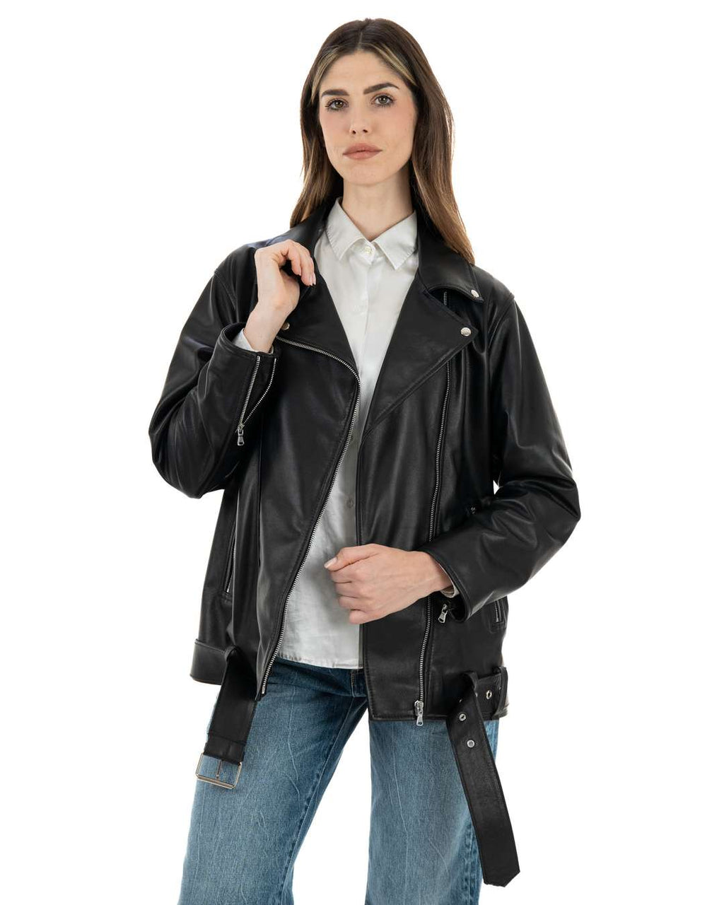 MIRANDA Giacca Chiodo da donna in vera pelle nero vestibilità over
