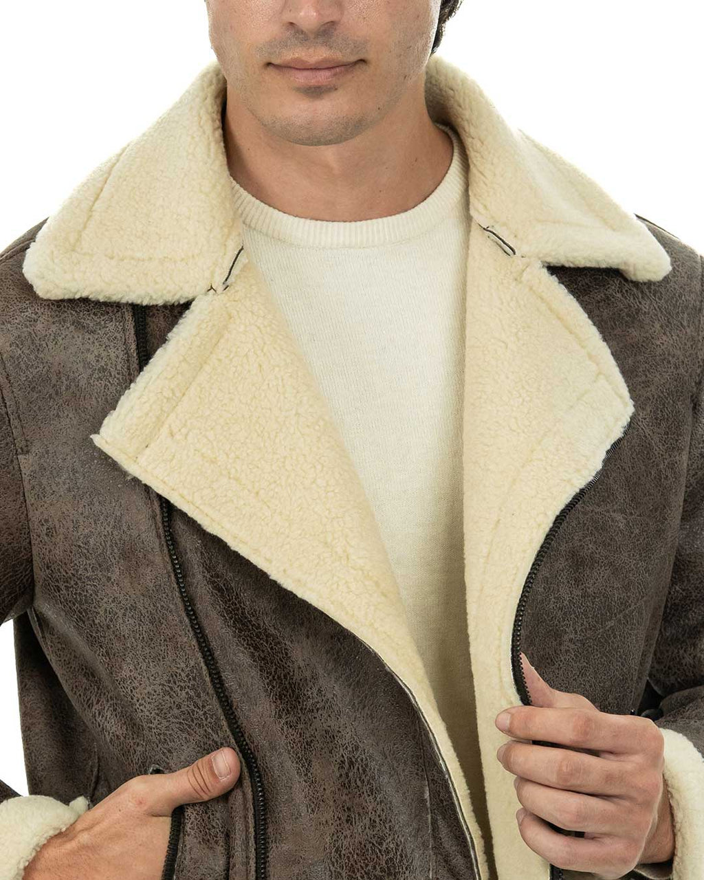 JACOB Chiodo da uomo marrone Shearling Style