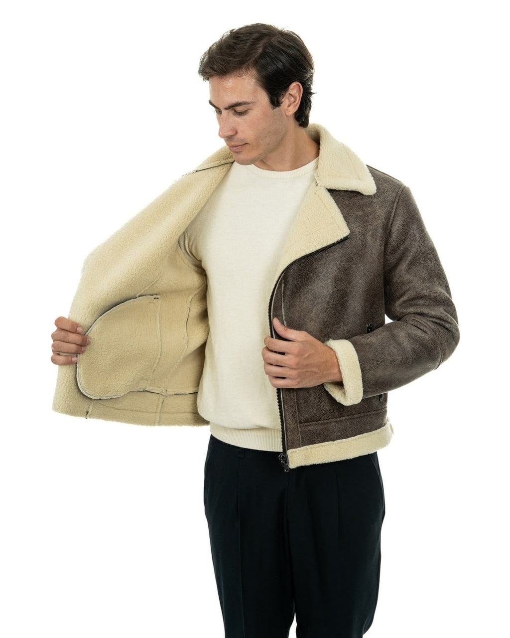 JACOB Chiodo da uomo marrone Shearling Style