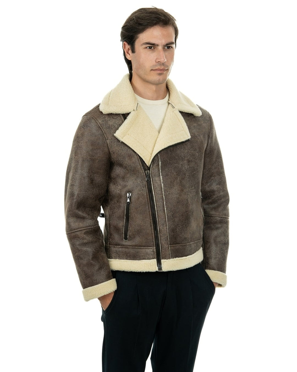 JACOB Chiodo da uomo marrone Shearling Style