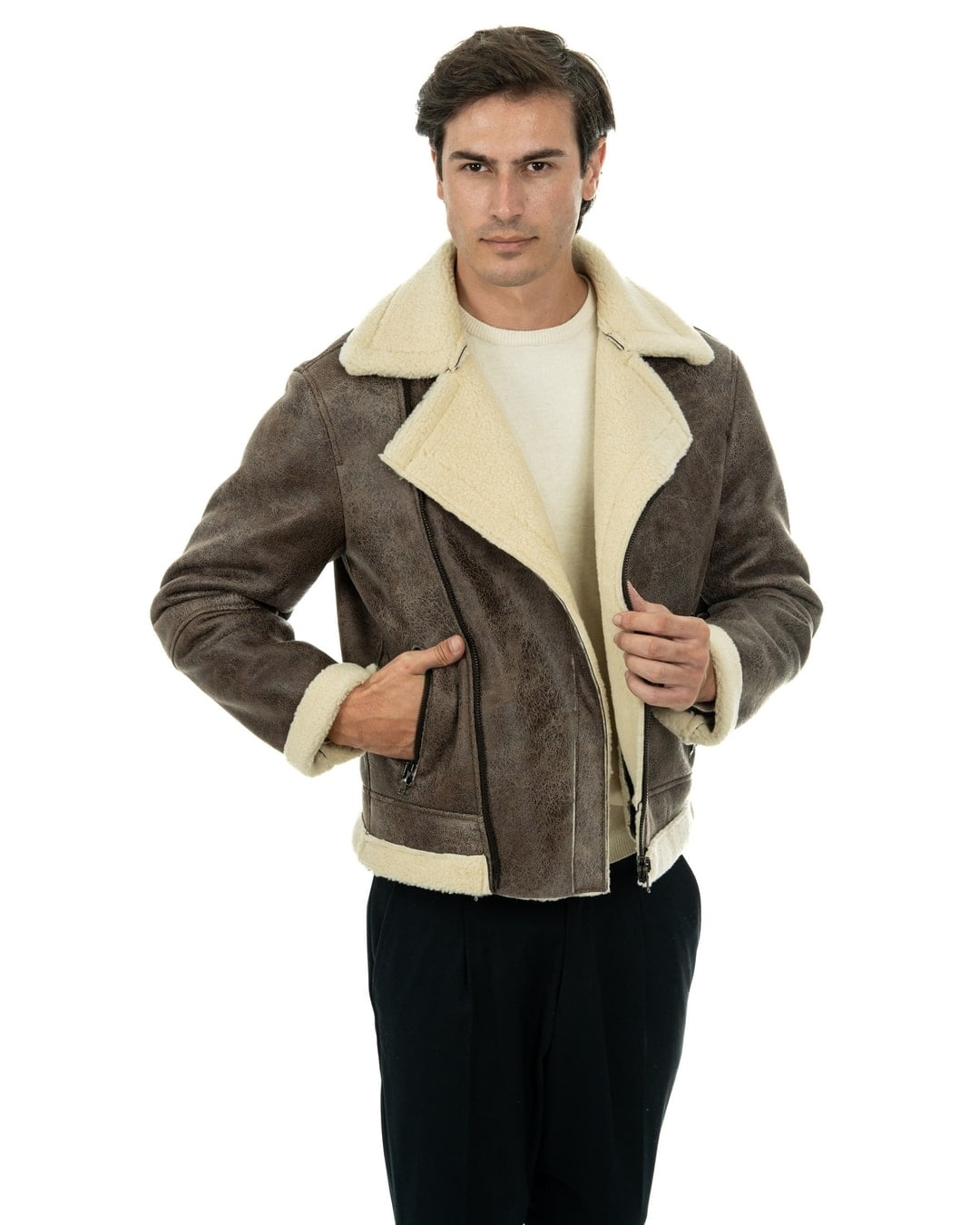 JACOB Chiodo da uomo marrone Shearling Style