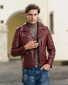 BRIAN Giacca Chiodo da uomo in vera pelle bordeaux