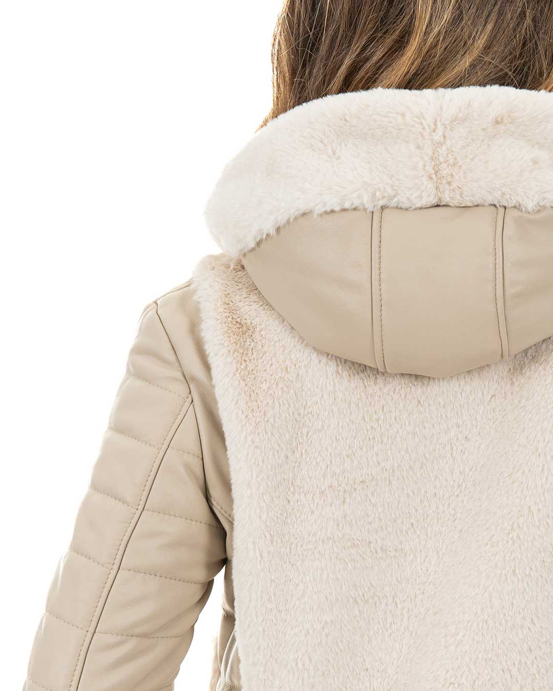 LINDA Giacca Piumino da donna in vera pelle beige con pelliccetta
