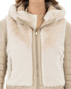 LINDA Giacca Piumino da donna in vera pelle beige con pelliccetta