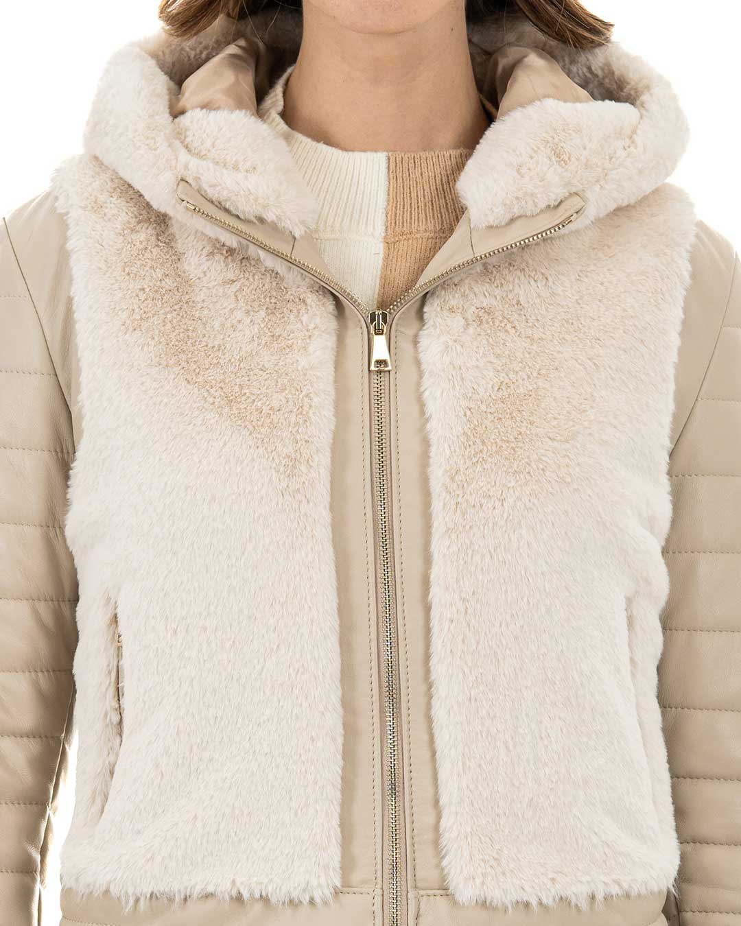 LINDA Giacca Piumino da donna in vera pelle beige con pelliccetta