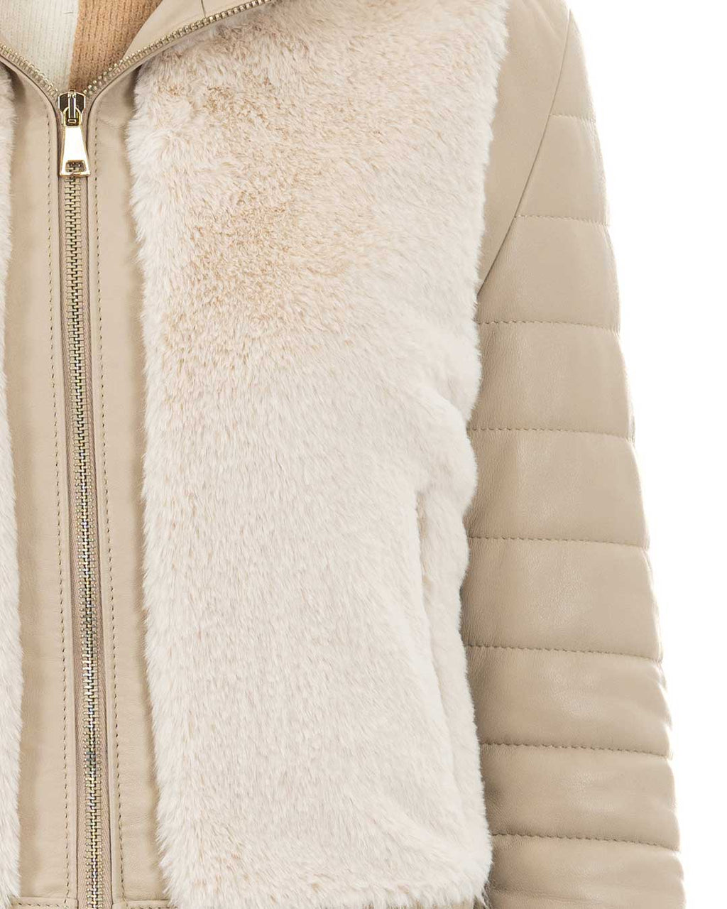 LINDA Giacca Piumino da donna in vera pelle beige con pelliccetta
