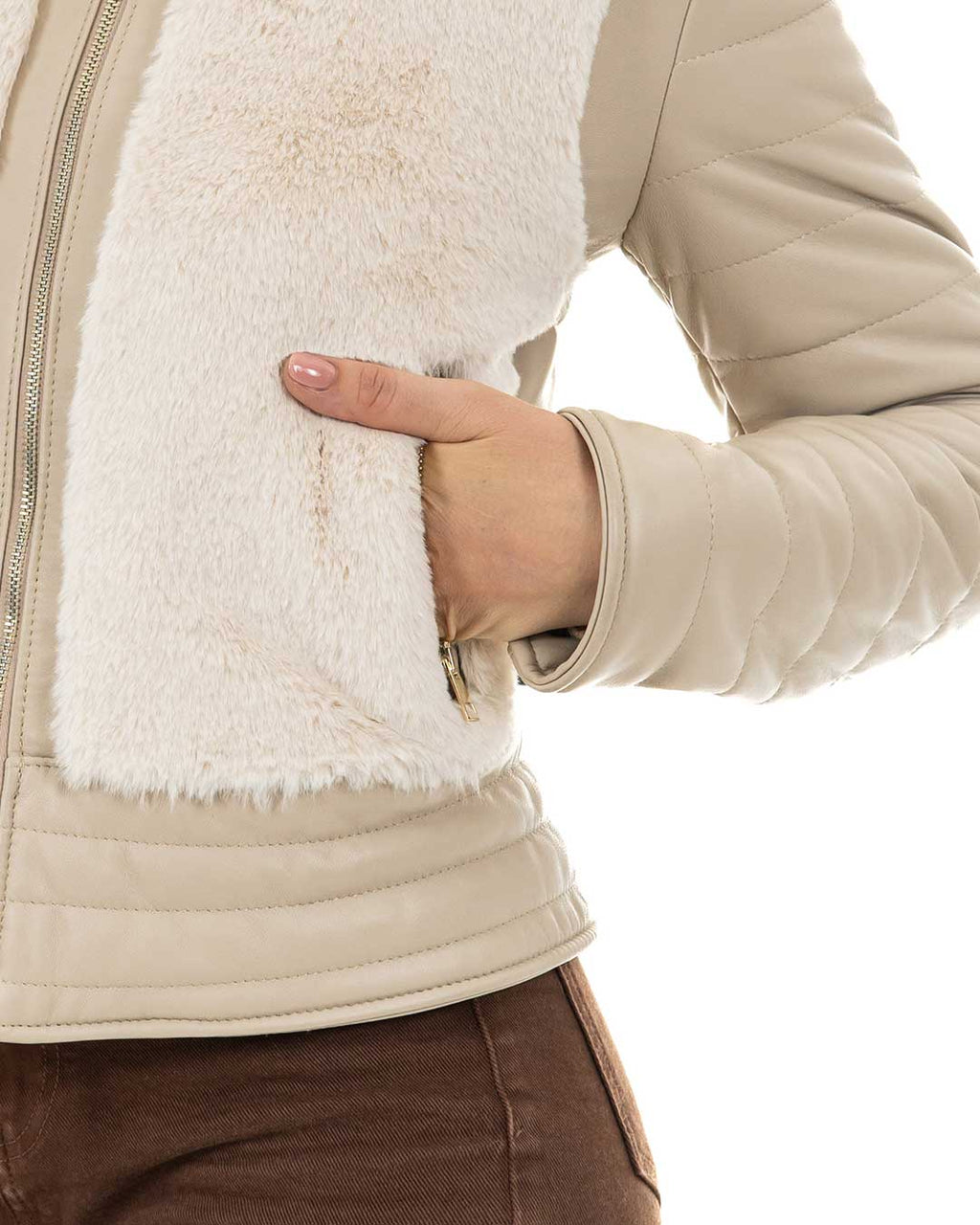 LINDA Giacca Piumino da donna in vera pelle beige con pelliccetta