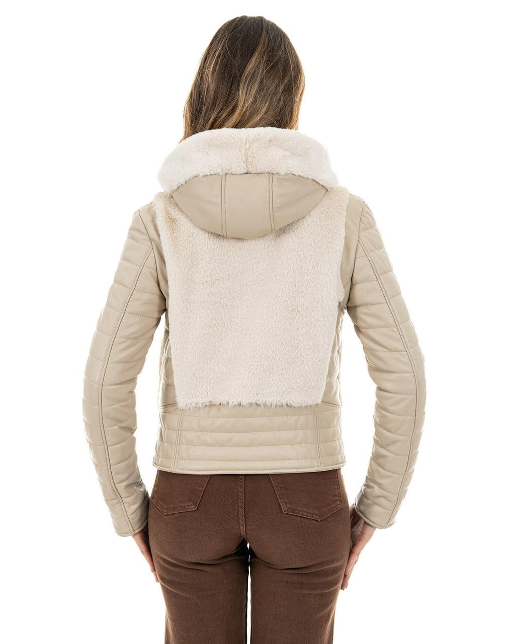 LINDA Giacca Piumino da donna in vera pelle beige con pelliccetta