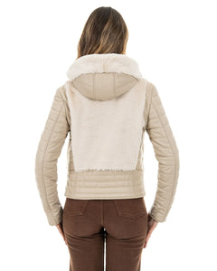LINDA Giacca Piumino da donna in vera pelle beige con pelliccetta