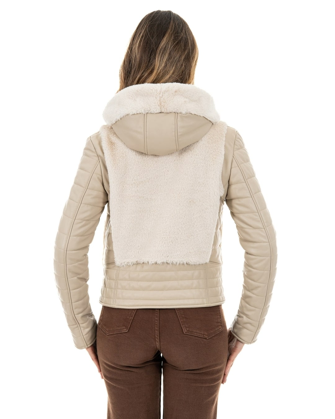 LINDA Giacca Piumino da donna in vera pelle beige con pelliccetta