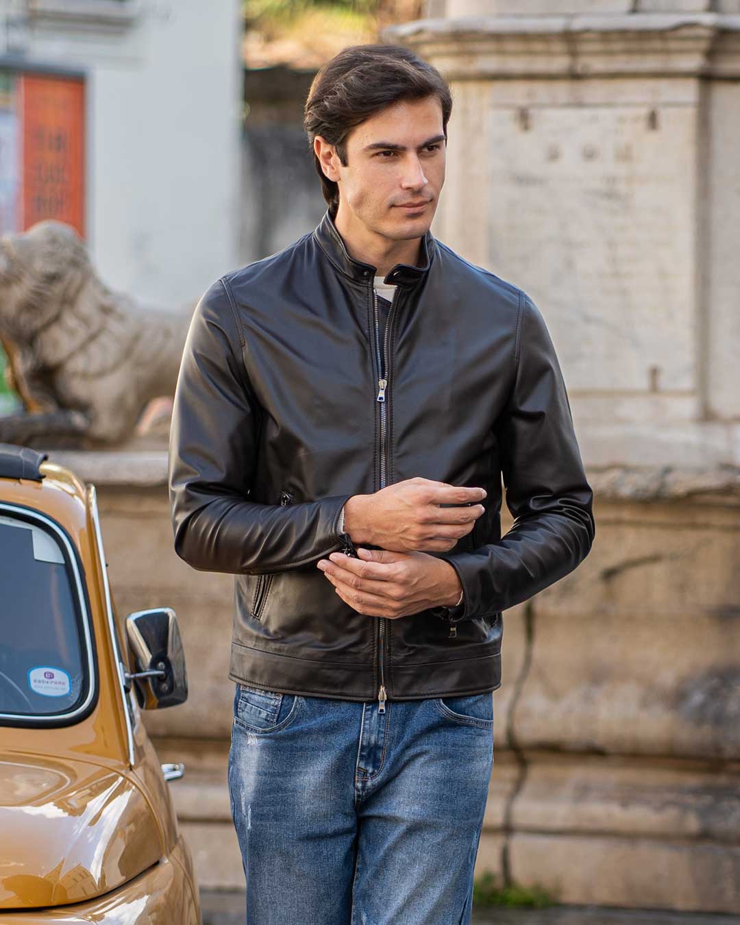 LOUIS Giacca Biker da uomo in vera pelle marrone