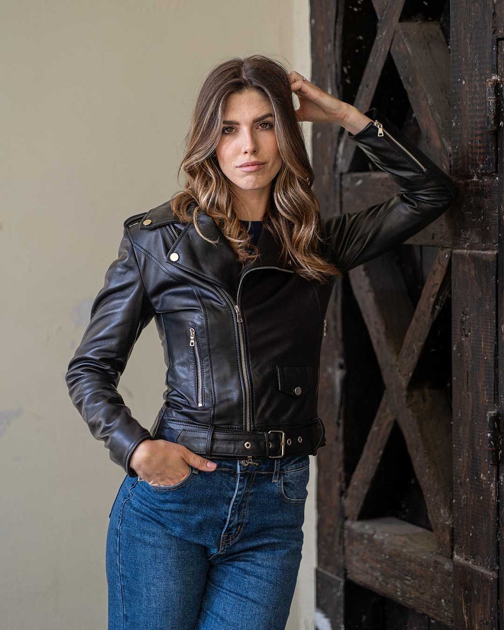 JULIA Giacca Chiodo con cintura da donna in vera pelle nero