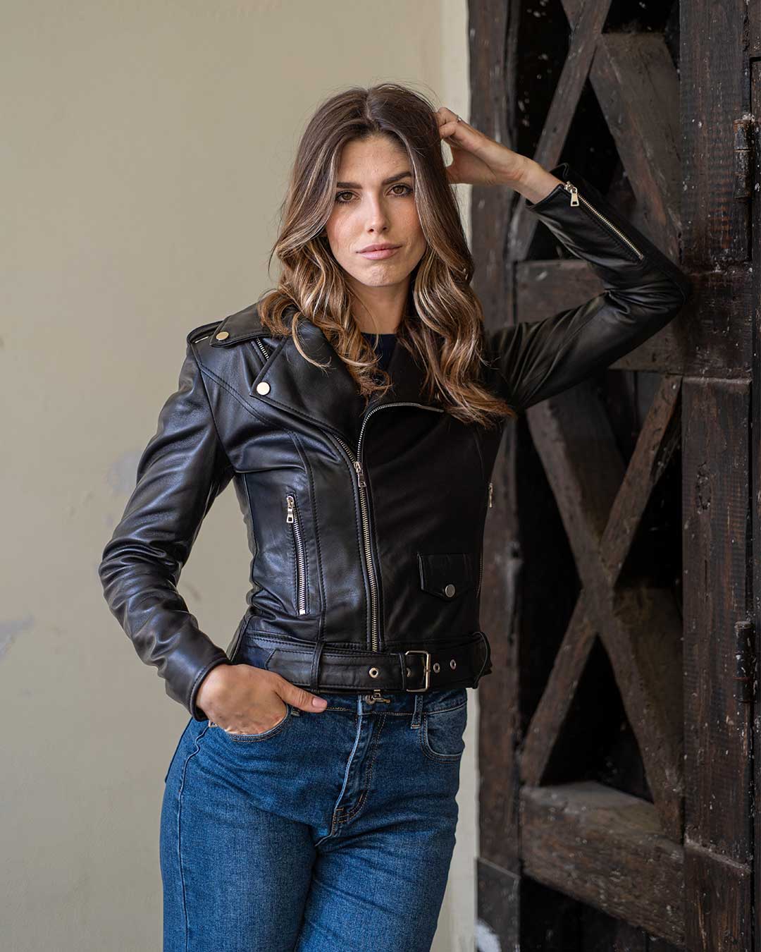 JULIA Giacca Chiodo con cintura da donna in vera pelle nero