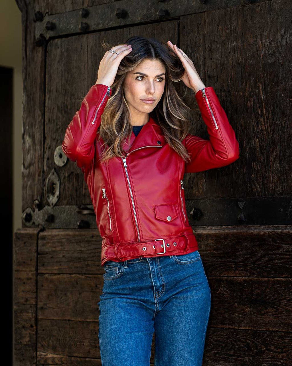 JULIA Giacca Chiodo con cintura da donna in vera pelle rosso