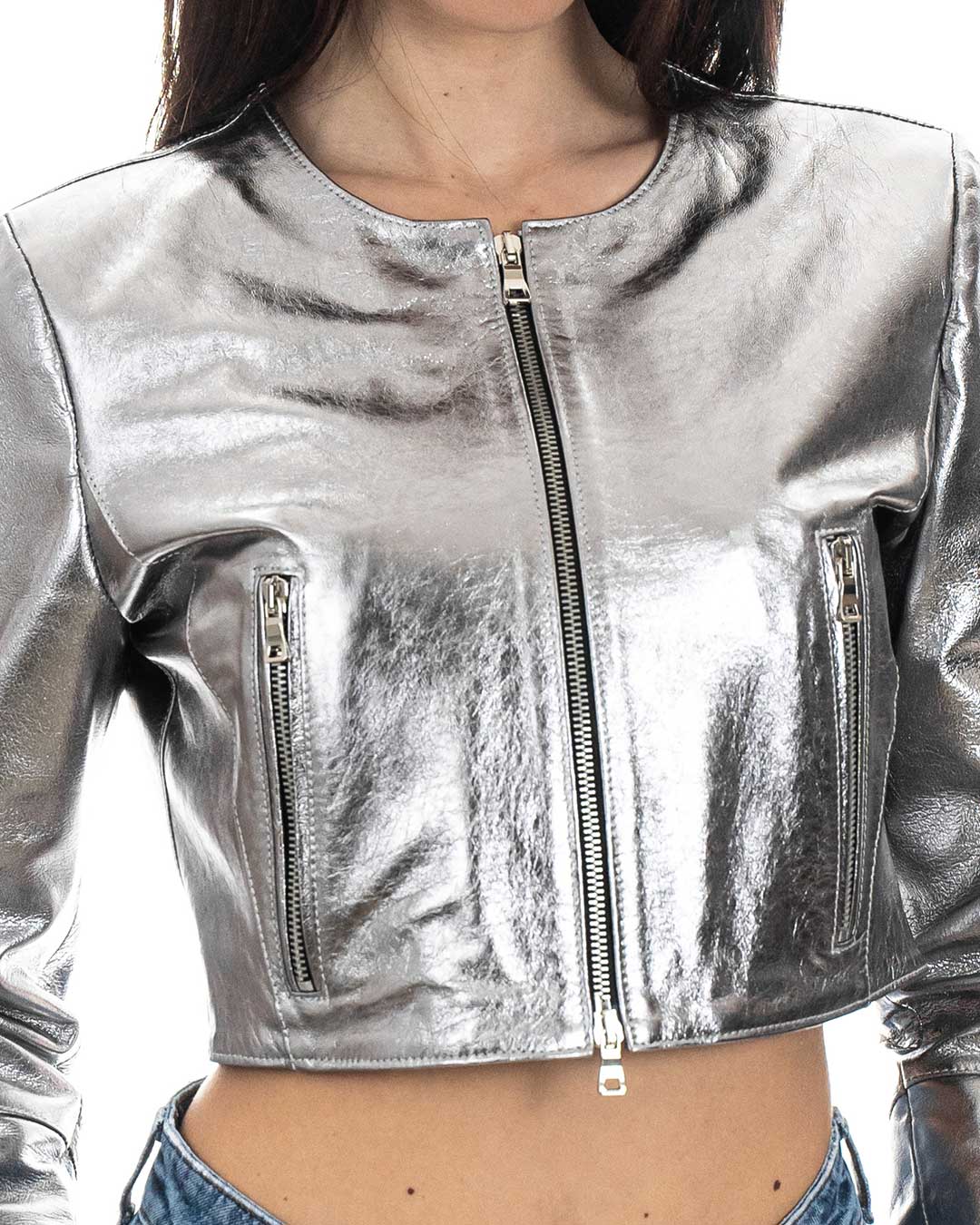 ISABEL Giacca corta da donna in vera pelle laminata argento