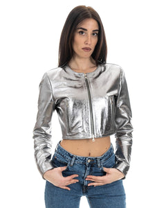 Giacca corta da donna in vera pelle laminata argento